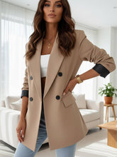 Aurohaya Women's Office Blazer Double-Breasted Pockets Lapel Collar Long Sleeve Elegant Casual Jacket